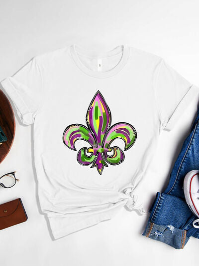Fleur-de-lis Graphic Round Neck Short Sleeve T-Shirt