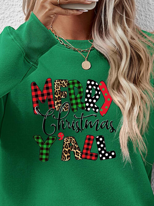 Merry Christmas Y'all Letter Graphic Round Neck Long Sleeve Sweatshirt