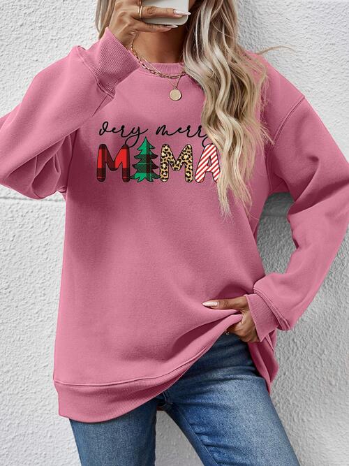 Very Merry Mama Letter Graphic Round Neck Long Sleeve Sweatshirt