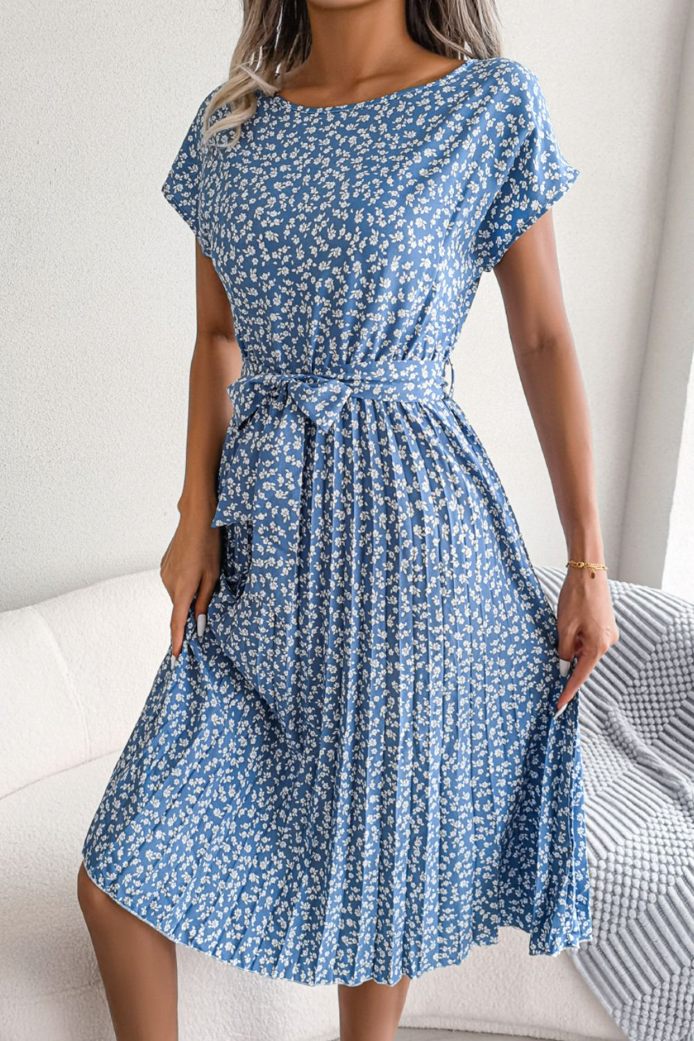 Ditsy Floral Pleated Belted Dress