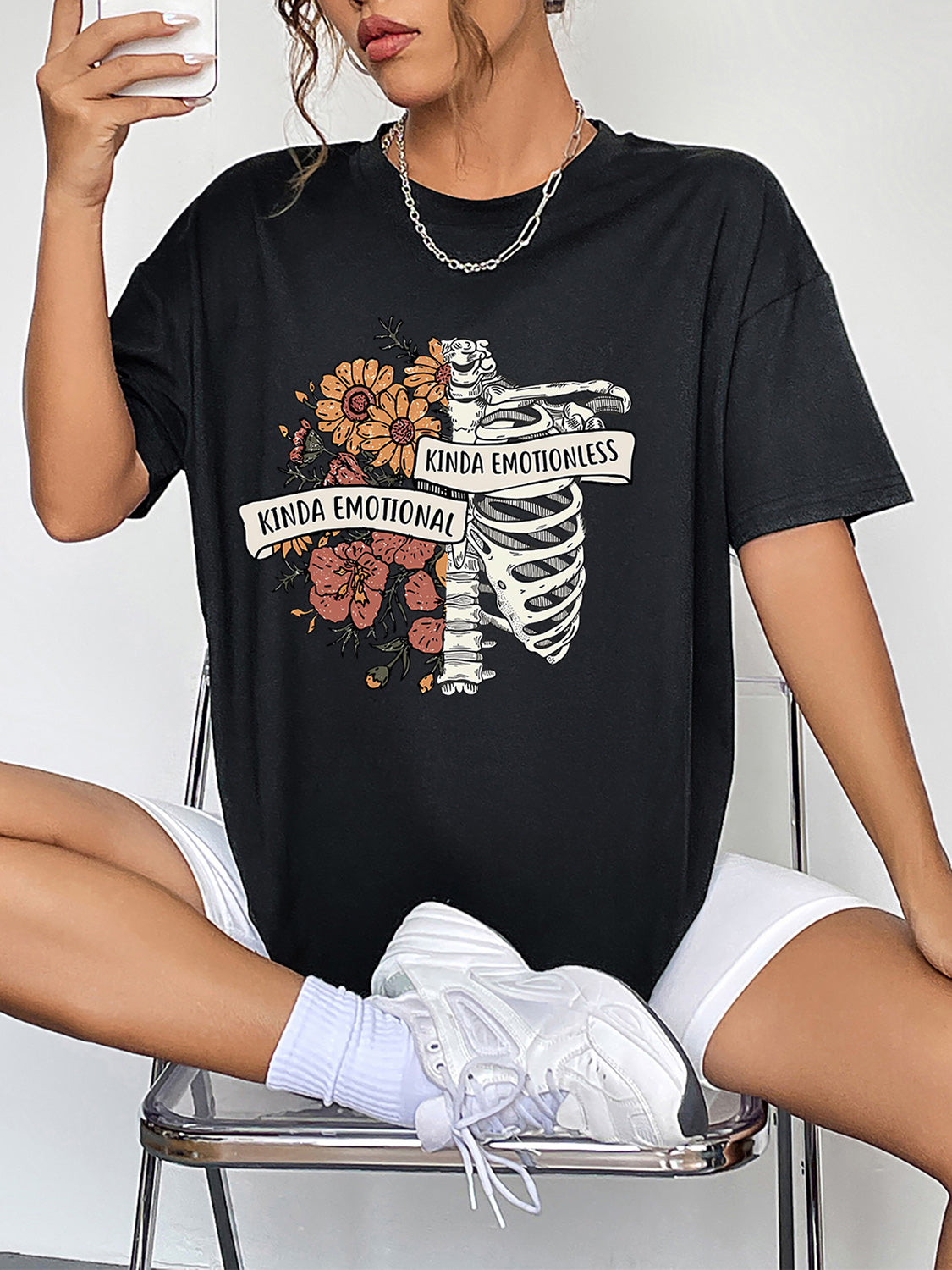 Kinda Emotional Kinda Emotionless Ribcage Round Neck Short Sleeve Graphic T-Shirt