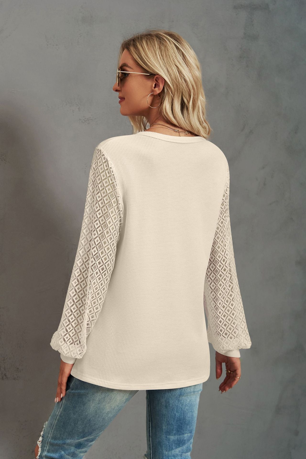 Waffle-Knit Lace Lantern Sleeve Henley Top