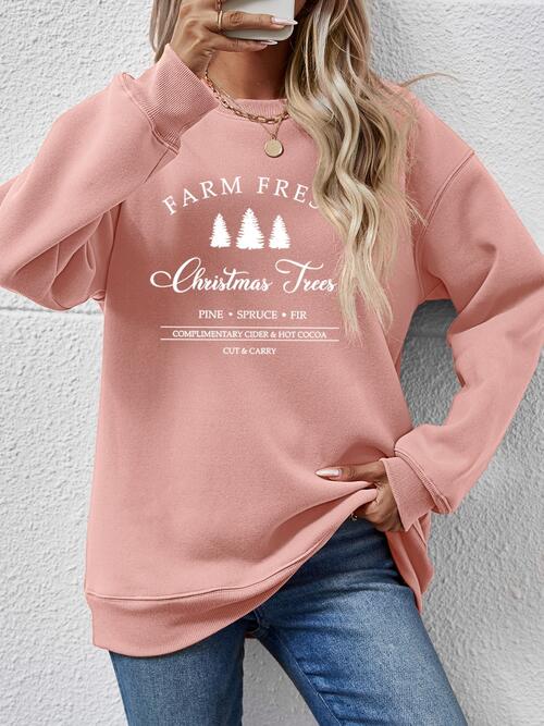 Farm Fresh Christmas Trees PINE SPRUCE FIR Graphic Round Neck Dropped Shoulder Sweatshirt