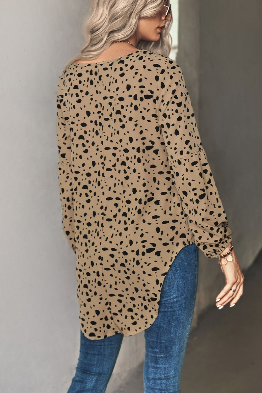 White Label Animal Print V-Neck High-Low Blouse