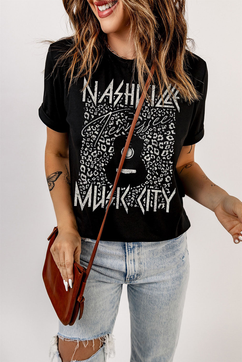 Nashville Tennesse Music City Graphic Cuffed Sleeve Round Neck Tee