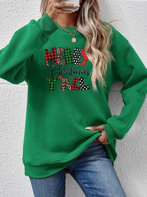 Merry Christmas Y'all Letter Graphic Round Neck Long Sleeve Sweatshirt