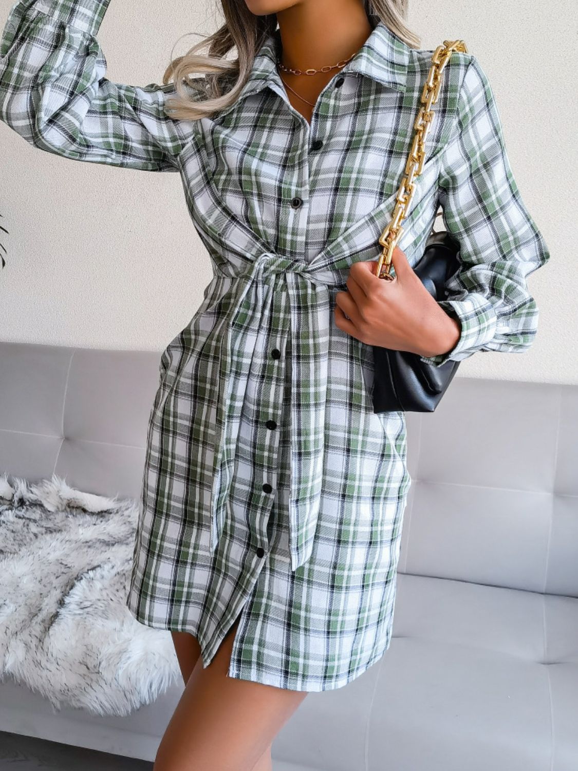 Plaid Button Down Tie Front Shirt Dress