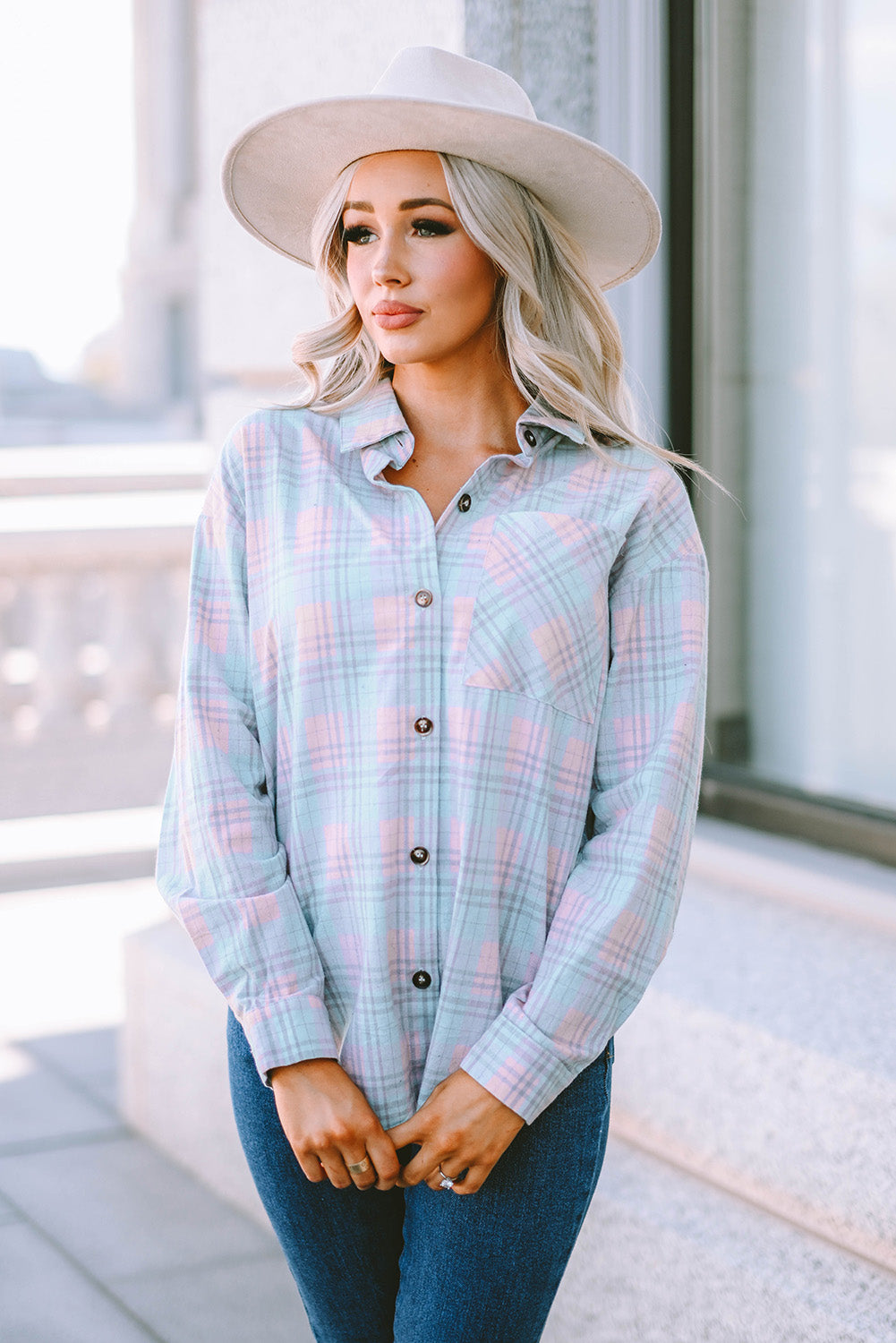 Plaid Button-Up Curved Hem Shirt