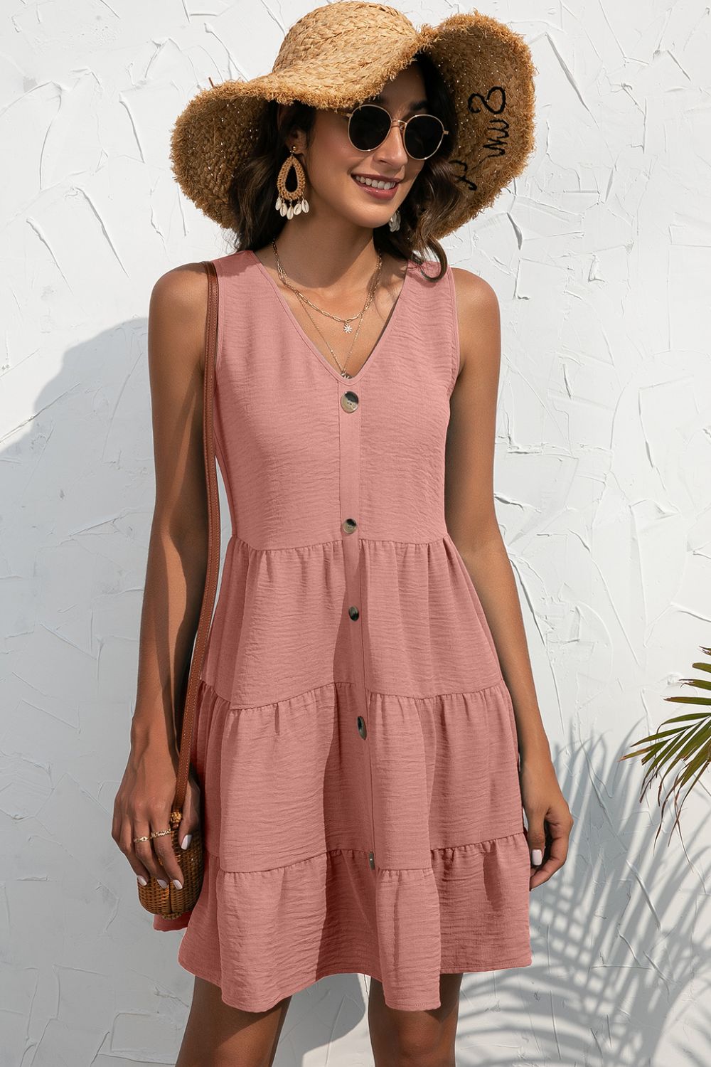 Ivy Lane Decorative Button V-Neck Tiered Sleeveless Dress
