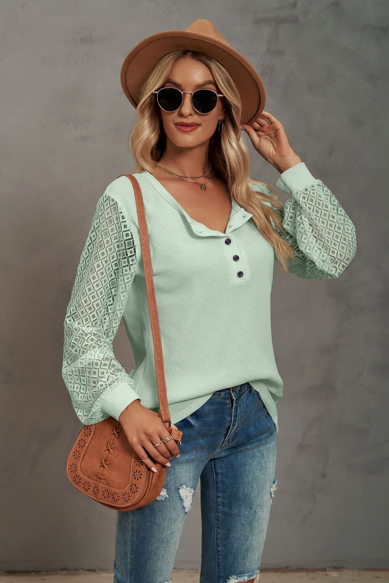 Waffle-Knit Lace Lantern Sleeve Henley Top