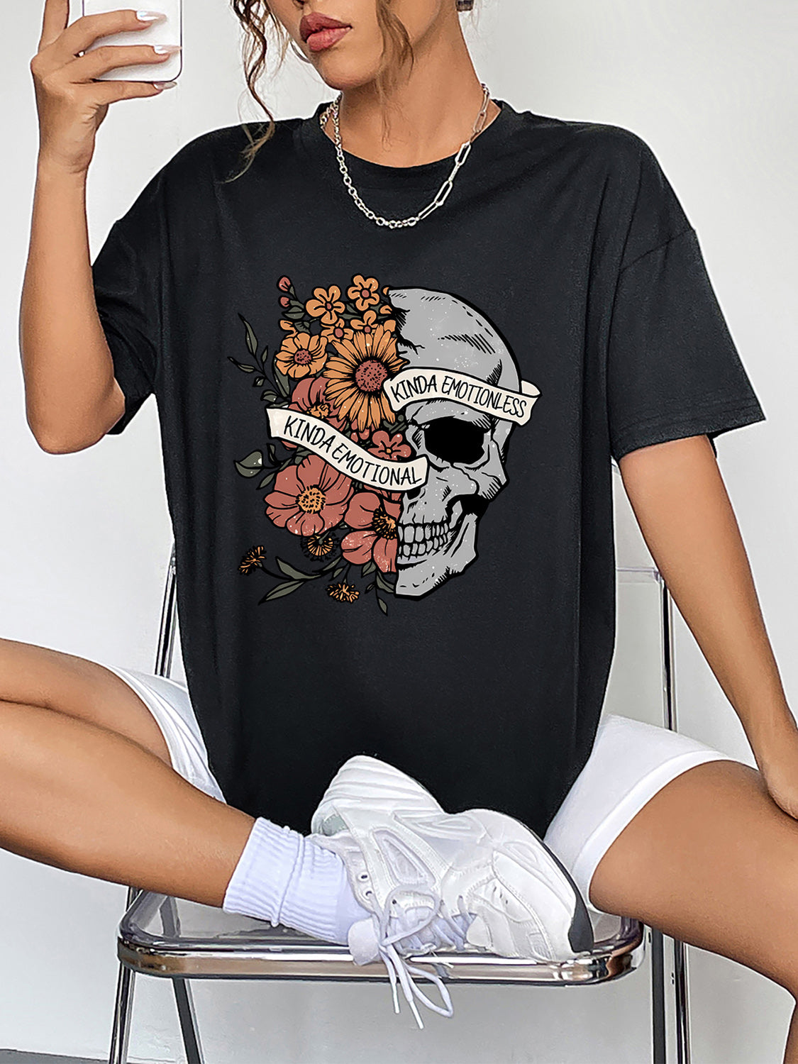 Kinda Emotional Kinda Emotionless Skull Round Neck Short Sleeve Graphic T-Shirt