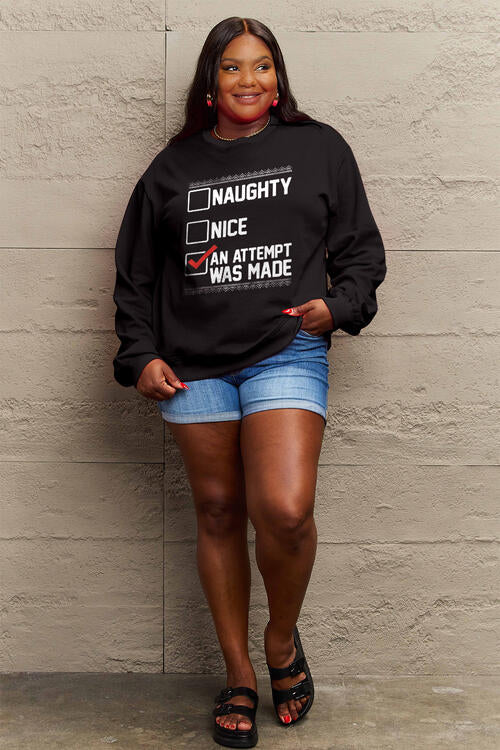 Simply Love Full Size Naughty, Nice, An Attempt Was Made Letter Graphic Long Sleeve Sweatshirt