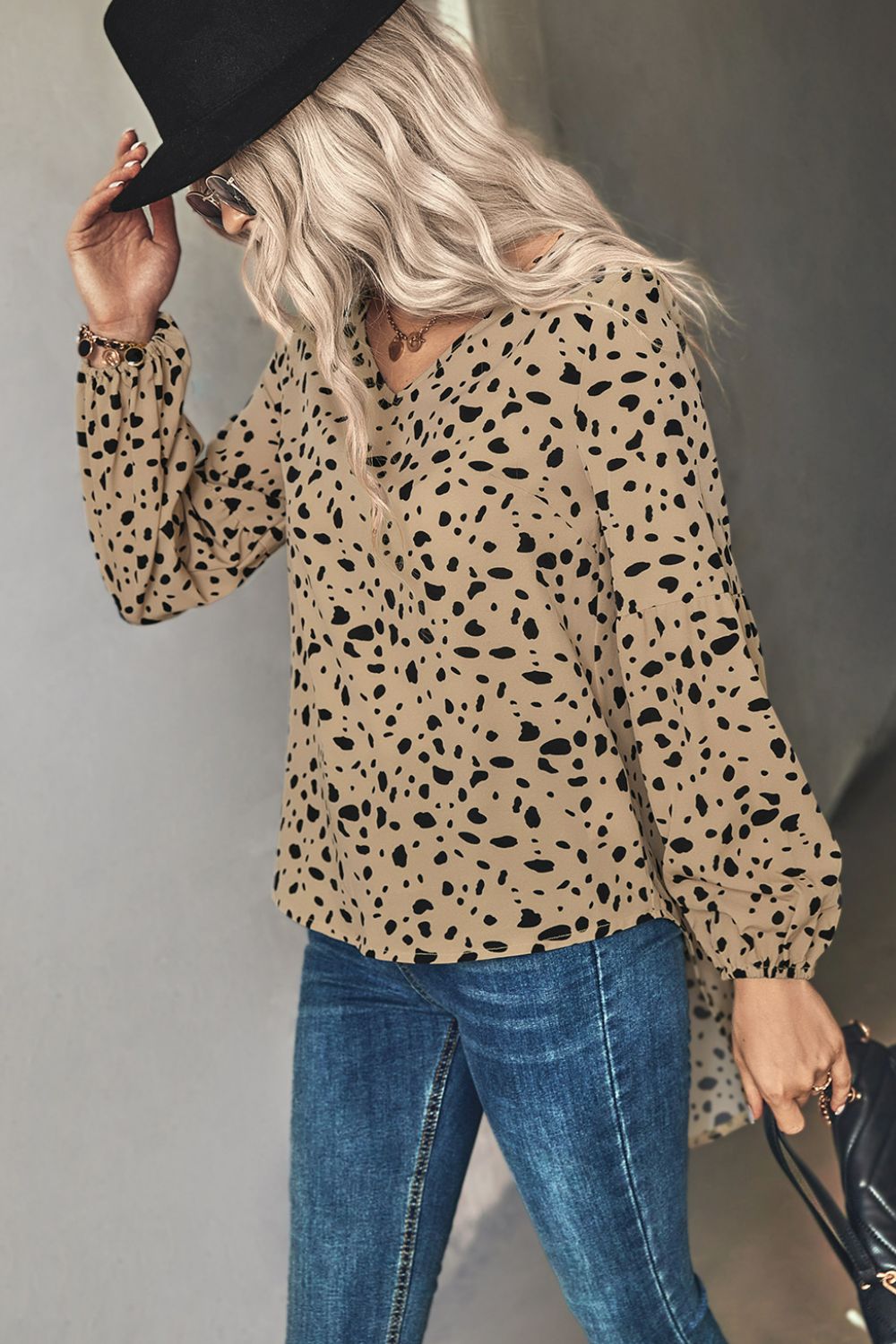 White Label Animal Print V-Neck High-Low Blouse