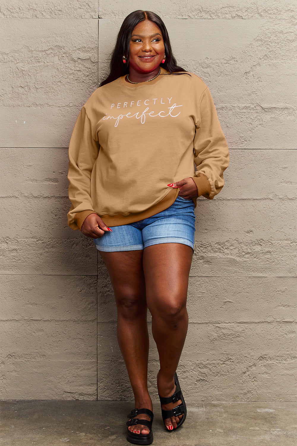 PERFECTLY Imperfect Simply Love Full Size Graphic Round Neck Sweatshirt