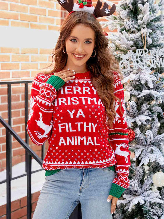 Merry Christmas Ya Filthy Animal Letter Graphic Round Neck Long Sleeve Sweater