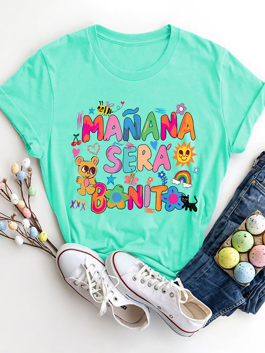 MAÑANA SERÁ BONITO Letter Graphic Round Neck Short Sleeve T-Shirt