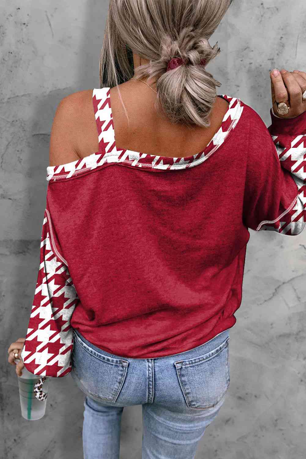 University of Alabama Crimson Red Roll Tide Elephant Football Houndstooth Long Sleeve Asymmetrical Neck Top