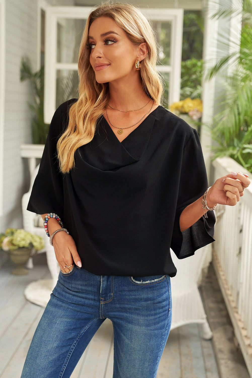 Cowl Neck Three-Quarter Sleeve Blouse