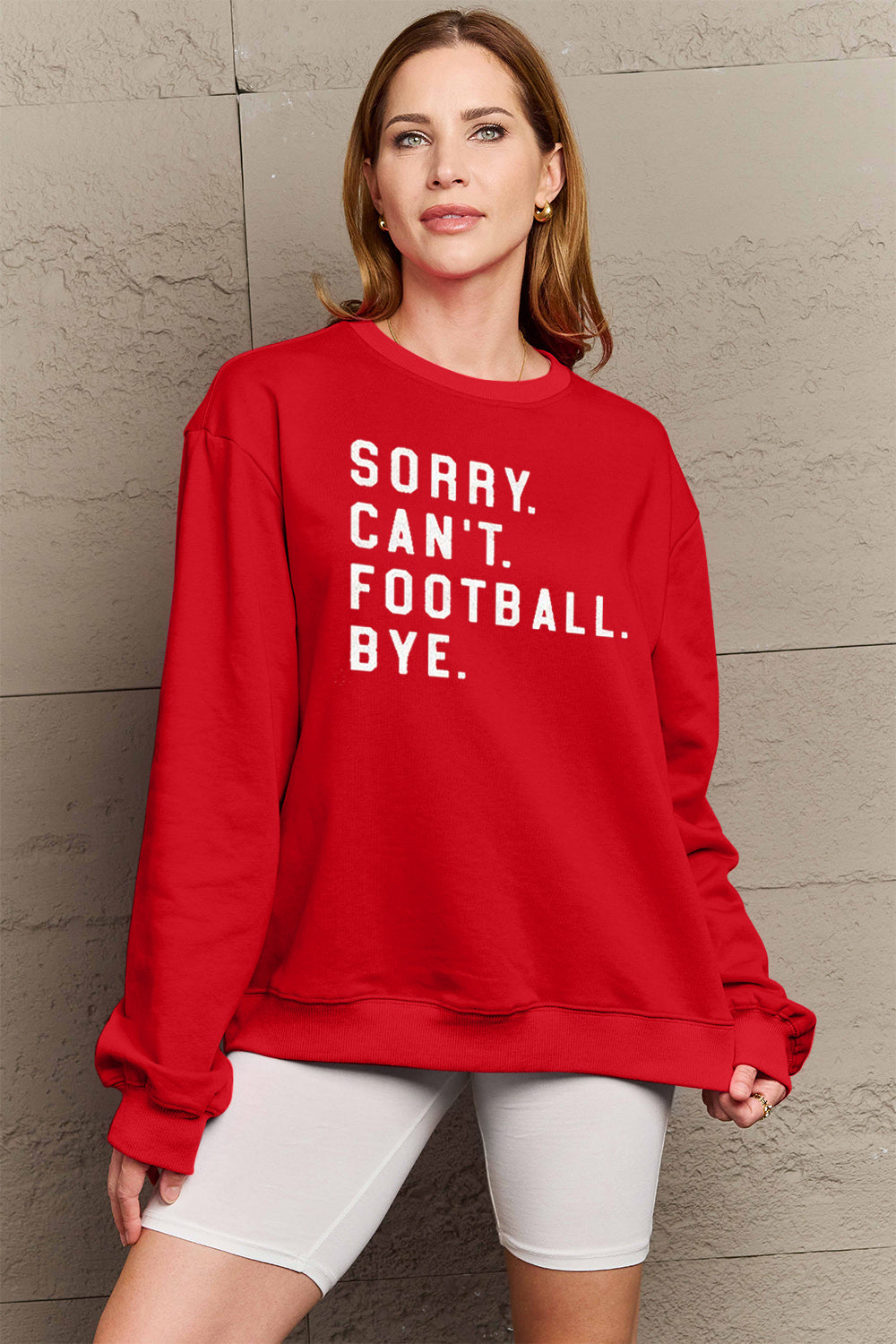 Sorry Can't Football Bye Simply Love Full Size Graphic Round Neck Sweatshirt