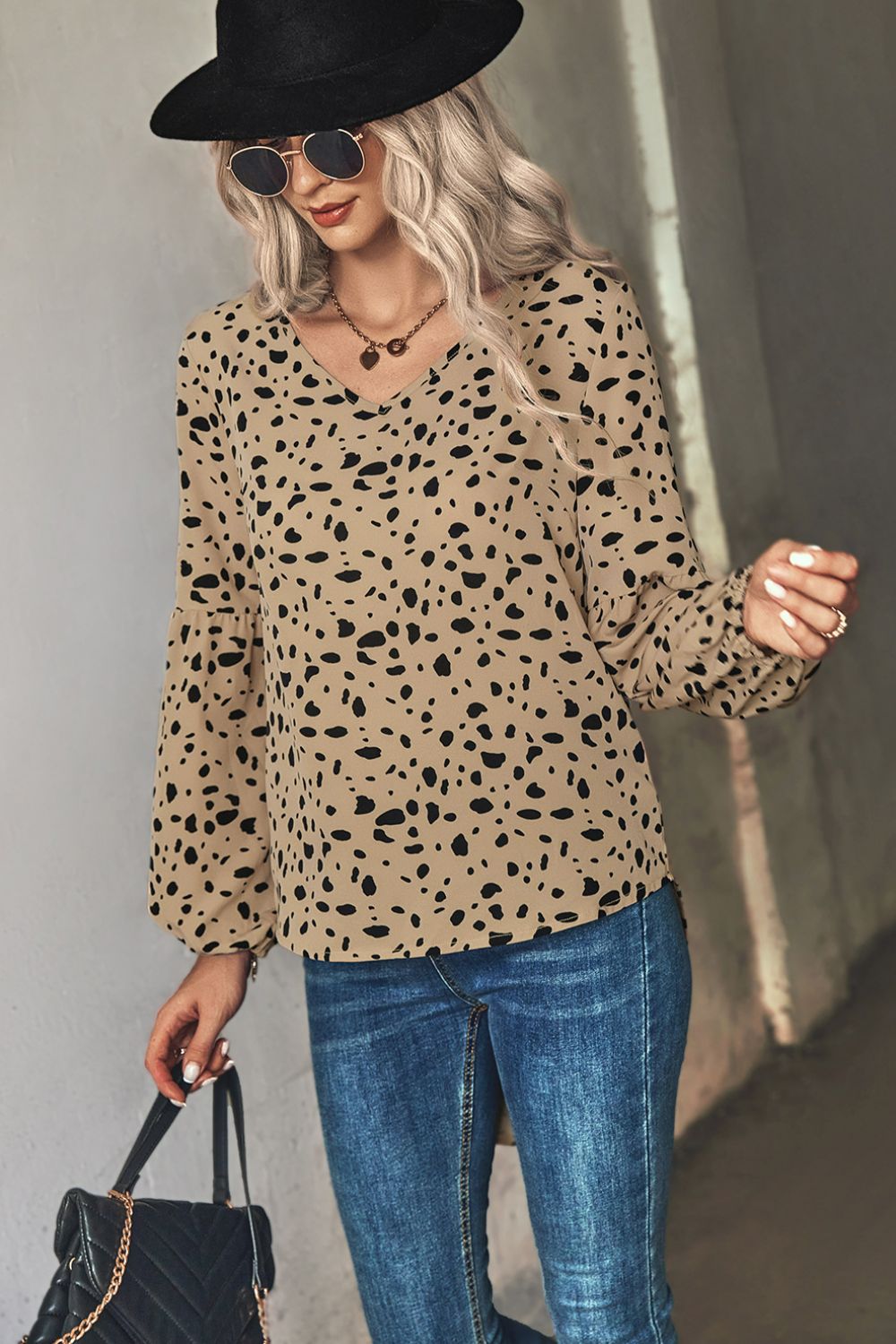 White Label Animal Print V-Neck High-Low Blouse