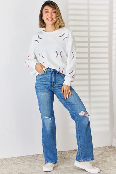 Sequin Ball Baseball Softball Round Neck Dropped Shoulder Sweatshirt