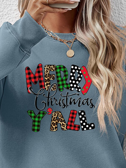 Merry Christmas Y'all Letter Graphic Round Neck Long Sleeve Sweatshirt