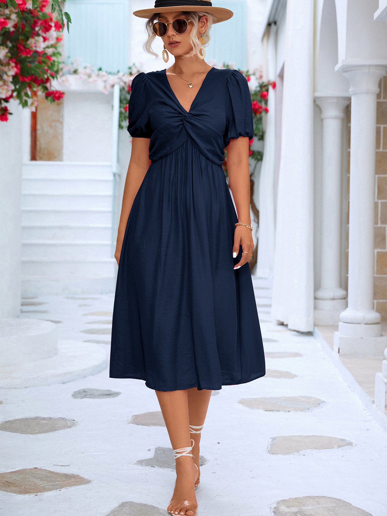 Twisted Short Puff Sleeve V-Neck Dress