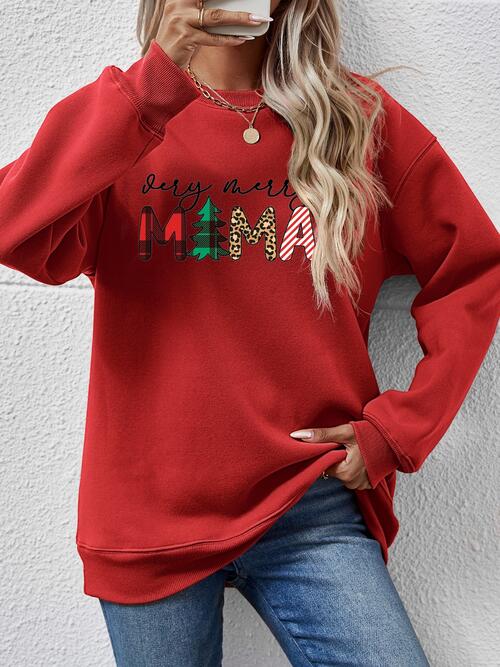 Very Merry Mama Letter Graphic Round Neck Long Sleeve Sweatshirt