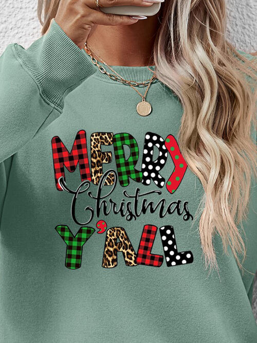 Merry Christmas Y'all Letter Graphic Round Neck Long Sleeve Sweatshirt