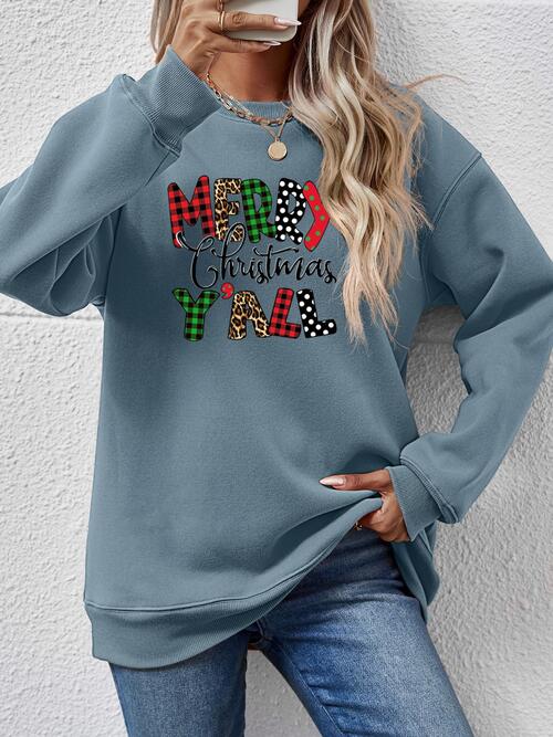 Merry Christmas Y'all Letter Graphic Round Neck Long Sleeve Sweatshirt