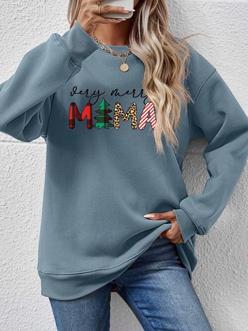 Very Merry Mama Letter Graphic Round Neck Long Sleeve Sweatshirt