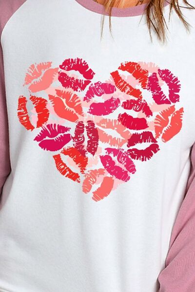 Lip Heart Graphic Round Neck Long Sleeve T-Shirt