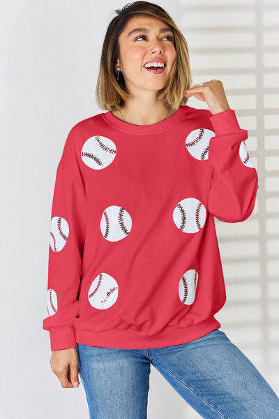 Sequin Ball Baseball Softball Round Neck Dropped Shoulder Sweatshirt