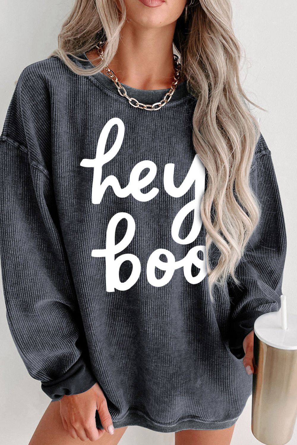 hey boo Round Neck Dropped Shoulder Graphic Sweatshirt