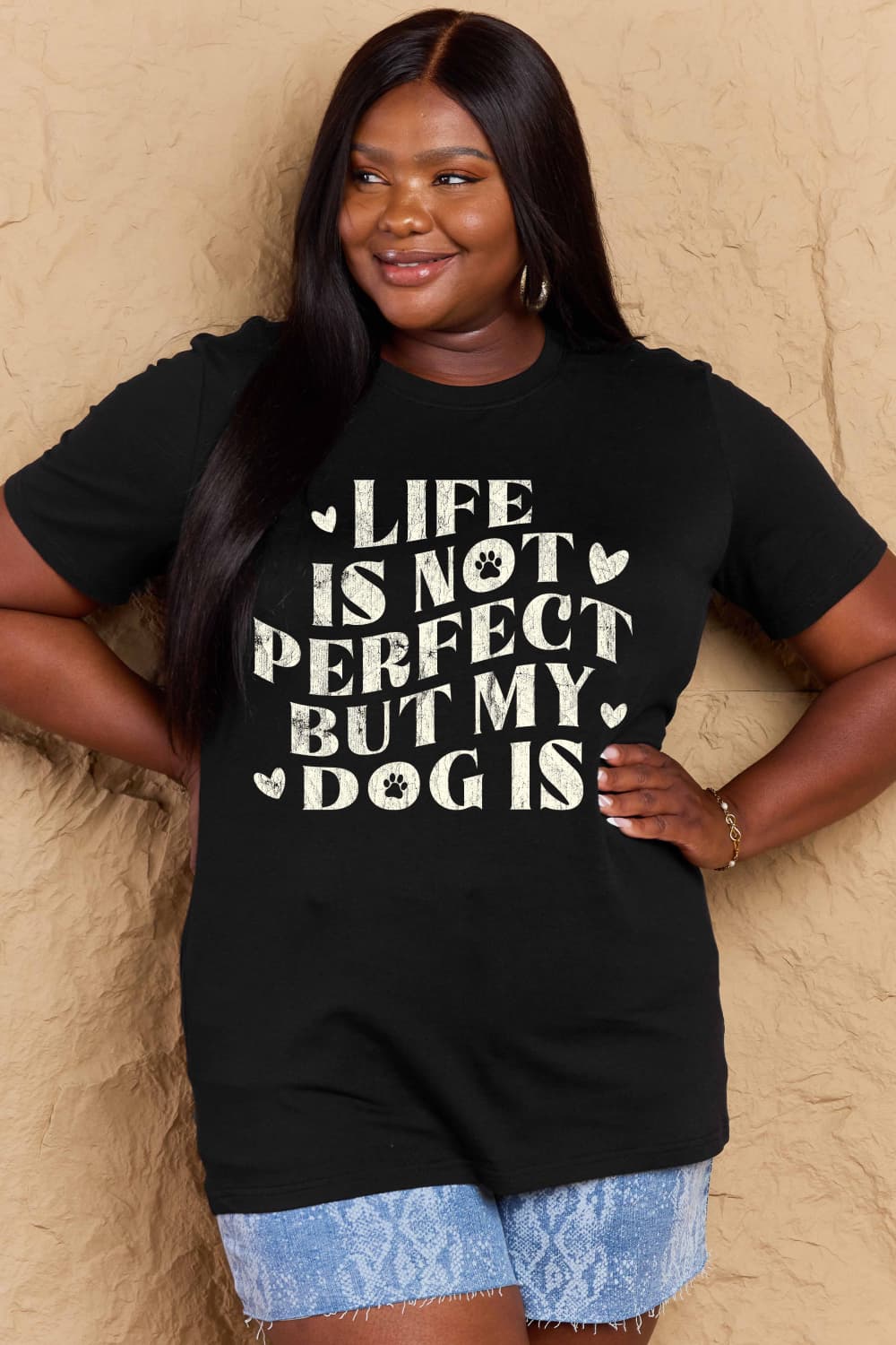 LIFE IS NOT PERFECT BUT MY DOG IS Simply Love Full Size Dog Slogan Graphic Cotton T-Shirt