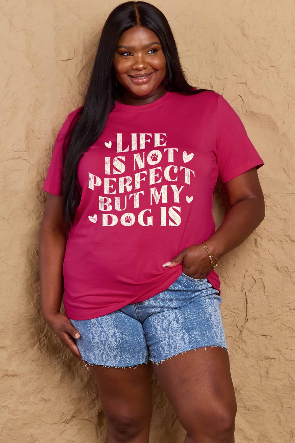 LIFE IS NOT PERFECT BUT MY DOG IS Simply Love Full Size Dog Slogan Graphic Cotton T-Shirt