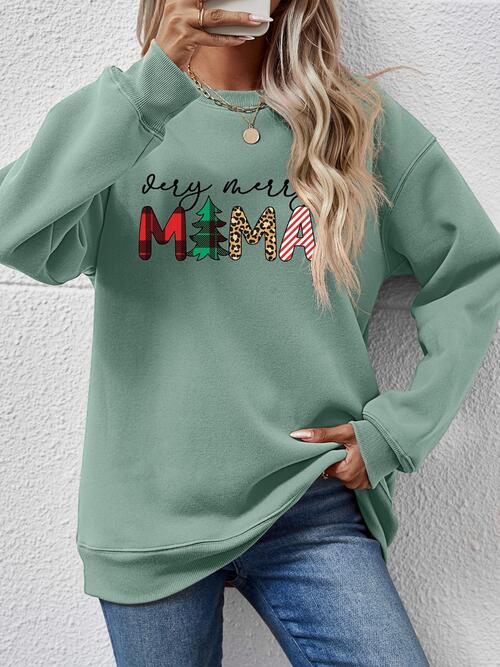 Very Merry Mama Letter Graphic Round Neck Long Sleeve Sweatshirt