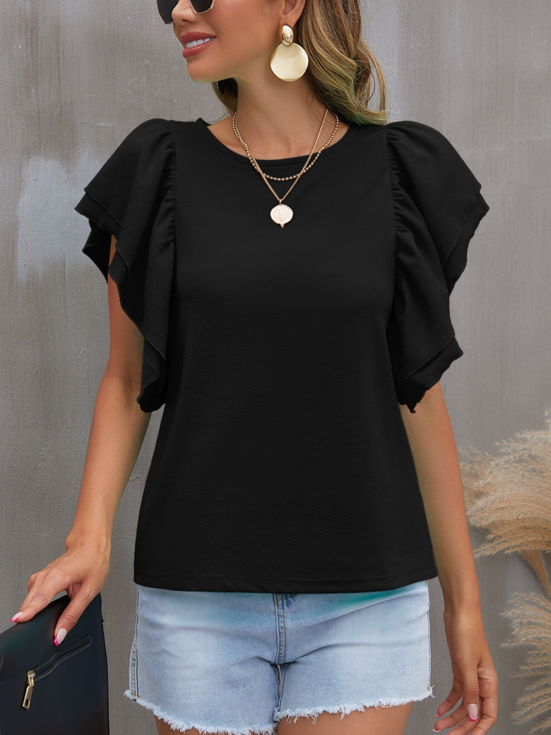 Round Neck Flounce Sleeve Blouse