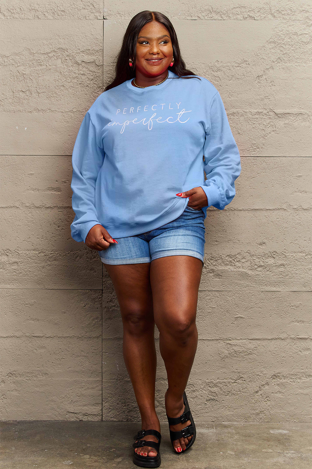 PERFECTLY Imperfect Simply Love Full Size Graphic Round Neck Sweatshirt