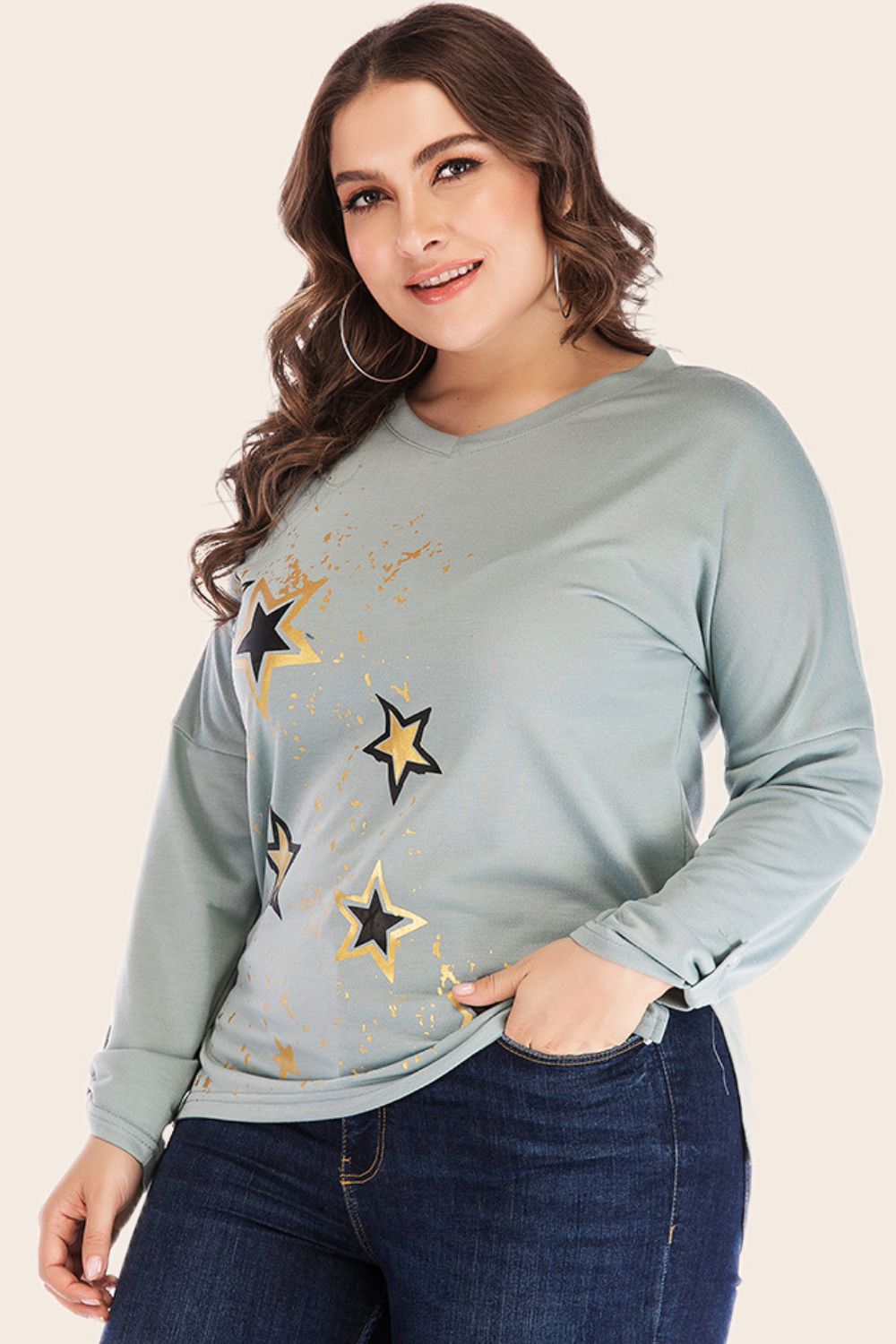 Plus Size Star Print Slit Dropped Shoulder Top