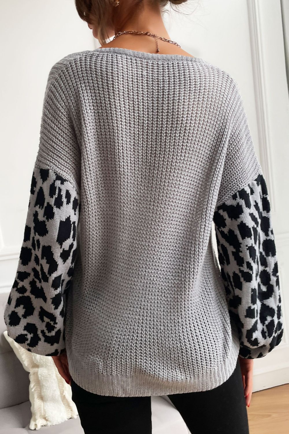 Leopard Sleeve Dropped Shoulder Sweater