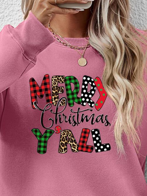 Merry Christmas Y'all Letter Graphic Round Neck Long Sleeve Sweatshirt