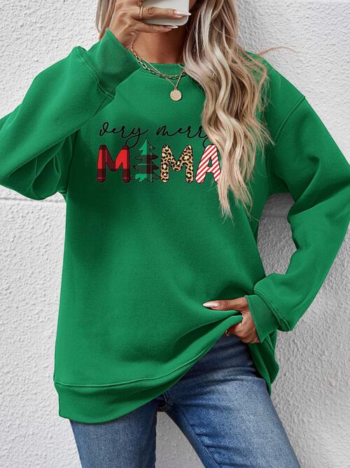 Very Merry Mama Letter Graphic Round Neck Long Sleeve Sweatshirt