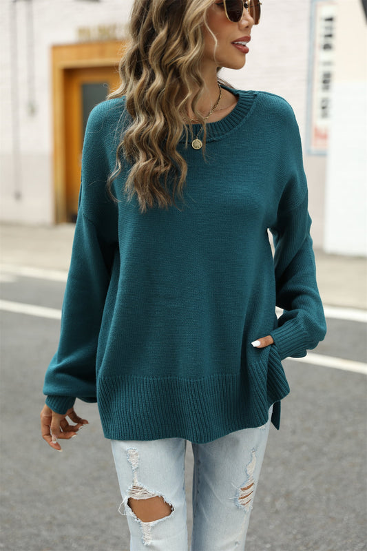 YSJY Round Neck Dropped Shoulder Slit Sweater