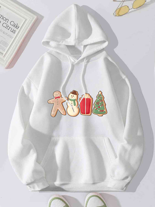 Gingerbread Man Snowman Gift Tree Christmas Cookie Graphic Drawstring Hoodie with Pocket