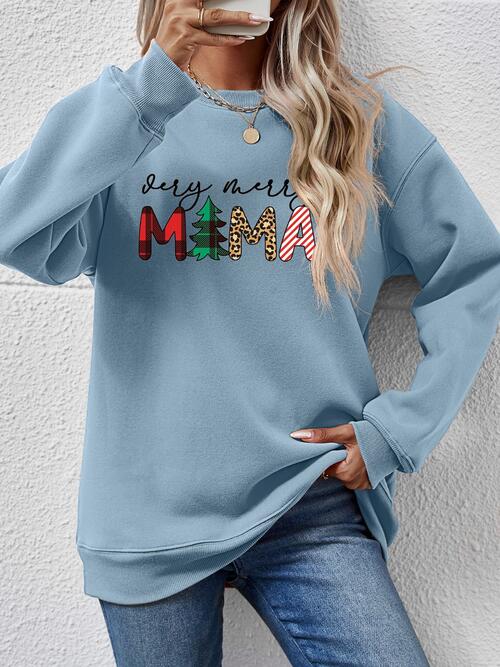 Very Merry Mama Letter Graphic Round Neck Long Sleeve Sweatshirt