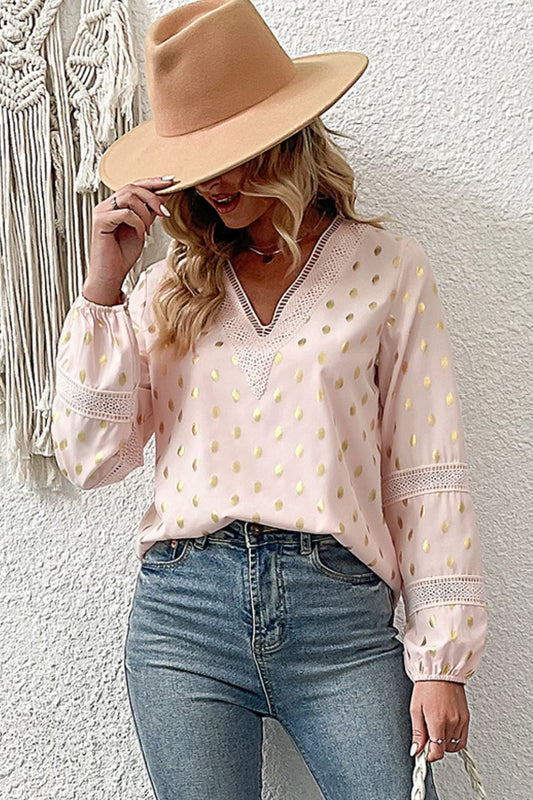 Polka Dot Crochet Detail V-Neck Blouse
