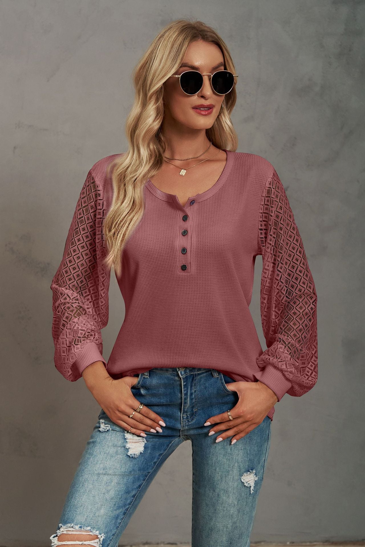 Waffle-Knit Lace Lantern Sleeve Henley Top