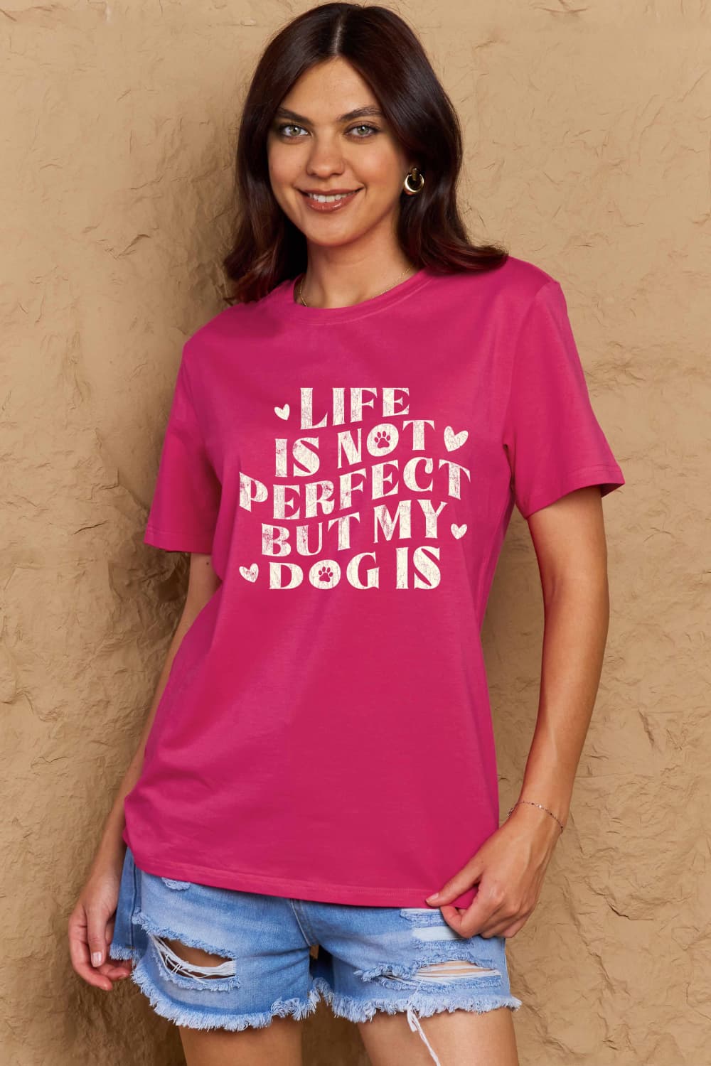 LIFE IS NOT PERFECT BUT MY DOG IS Simply Love Full Size Dog Slogan Graphic Cotton T-Shirt