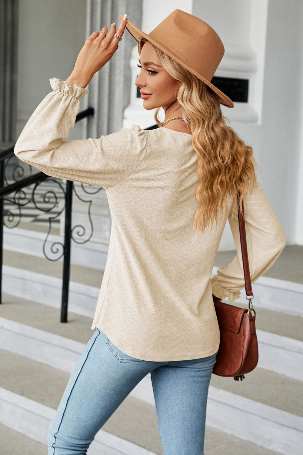 Round Neck Flounce Sleeve Blouse